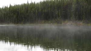 Mistdamp en regendruppels op het Herbert Lake