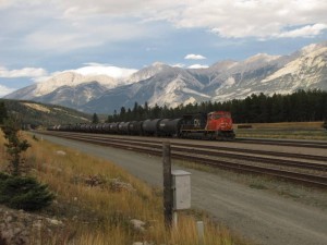 Trein met witte bergen op de achtergrond